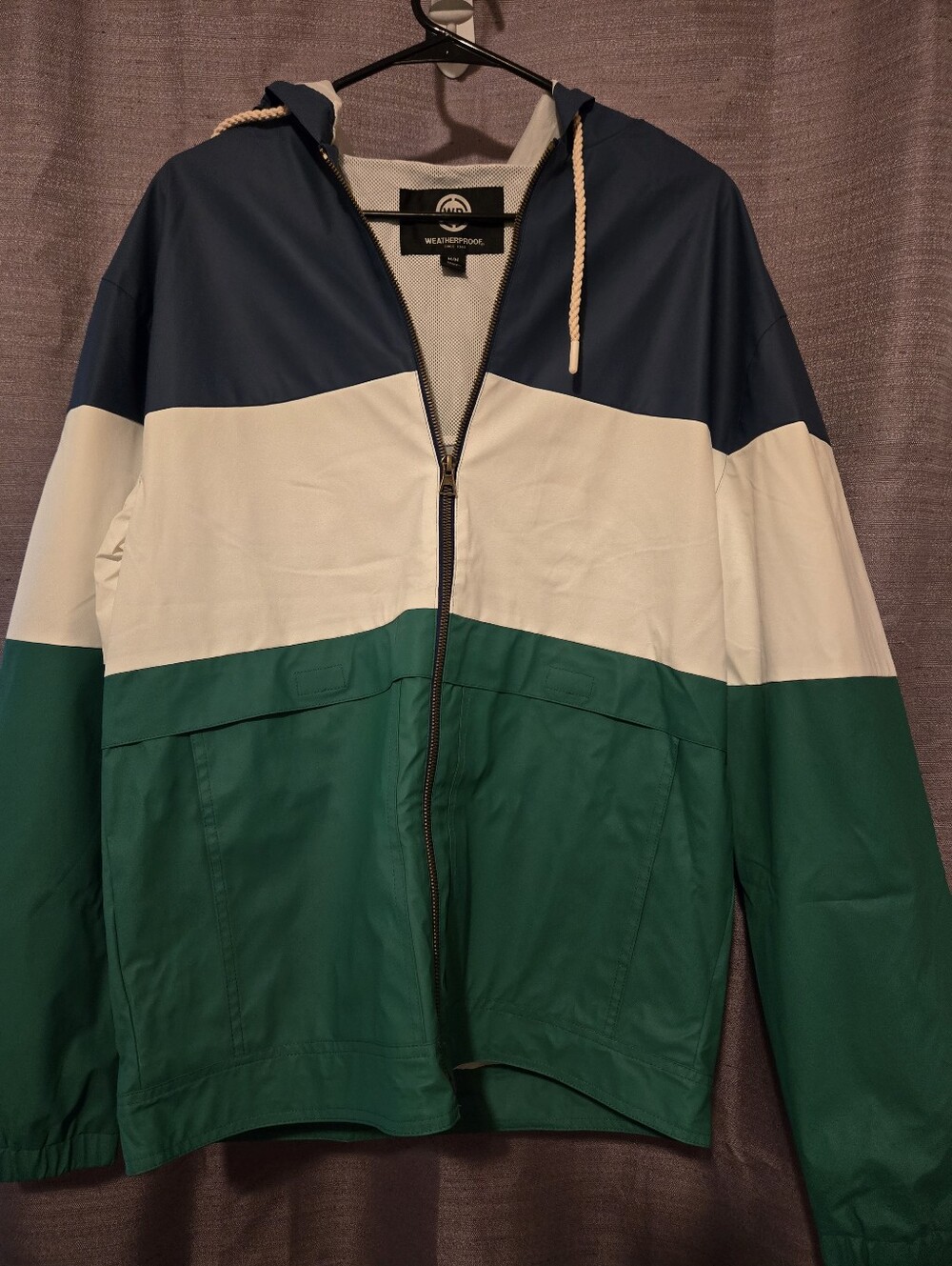 Weatherproof Colorblock Hooded Raincoat in Navy, Cream & Green